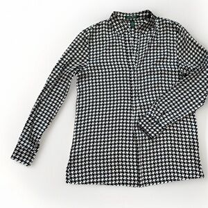 Lauren Ralph Lauren Long Sleve Black & White Houndstooth Patern Blouse Sz Medium